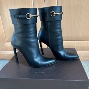 Gucci Black Leather Heeled Boots with Gold Buckle